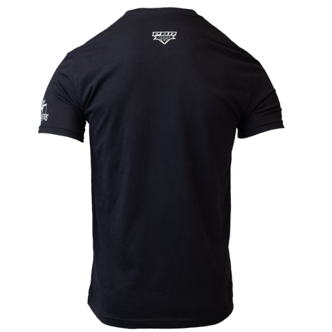 Rear view of black tee with PBR logo on upper back