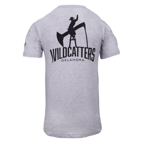 rear view of heather grey shirt with large graphic of man riding oil pump jack with text "WILDCATTERS OKLAHOMA"