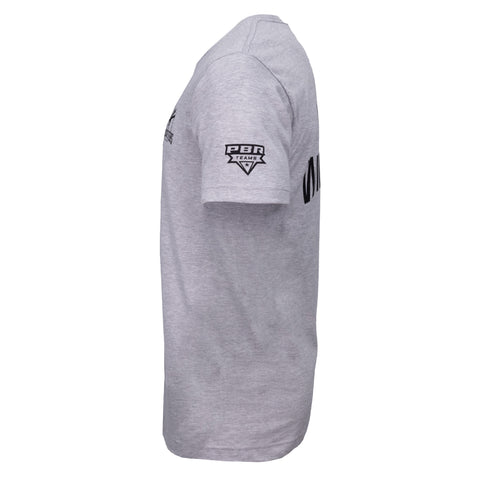 side view of heather grey shirt with black "PBR TEAMS" logo on right sleeve