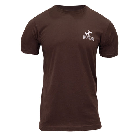 Brown shirt with wildcatters logo on left chest