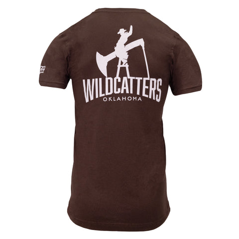 rear view of brown shirt with large graphic of man riding oil pump jack with text "WILDCATTERS OKLAHOMA"