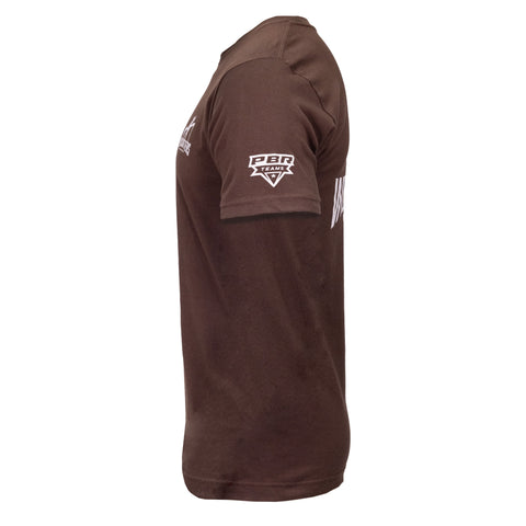 side view of heather grey shirt with white "PBR TEAMS" logo on right sleeve