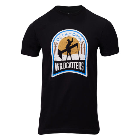 Black tee with graphic of man riding oil pump jack with text "OKLAHOMA WILDCATTERS"