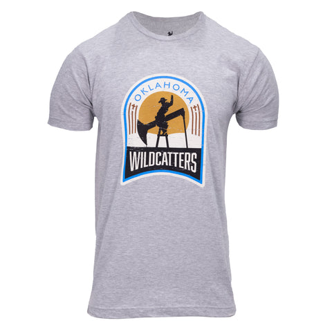 Heather Grey tee with graphic of man riding oil pump jack with text "OKLAHOMA WILDCATTERS"