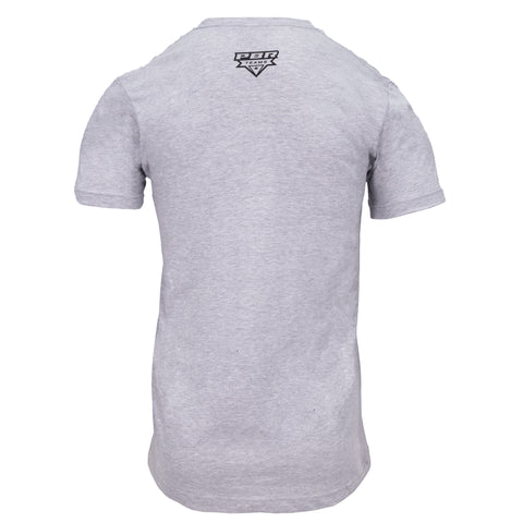 rear view of heather grey tee with black "PBR TEAMS" logo on upper back