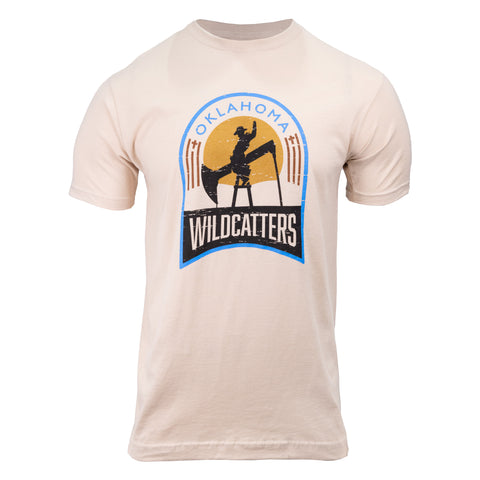 sand tee with graphic of man riding pump jack with text "OKLAHOMA WILDCATTERS"