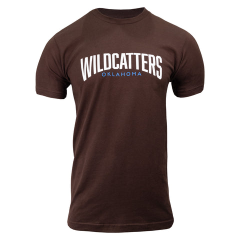 Brown tee with white and blue arched text "WILDCATTERS OKLAHOMA"