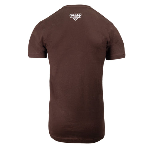 rear view of brown tee with white "PBR TEAMS" logo on upper back
