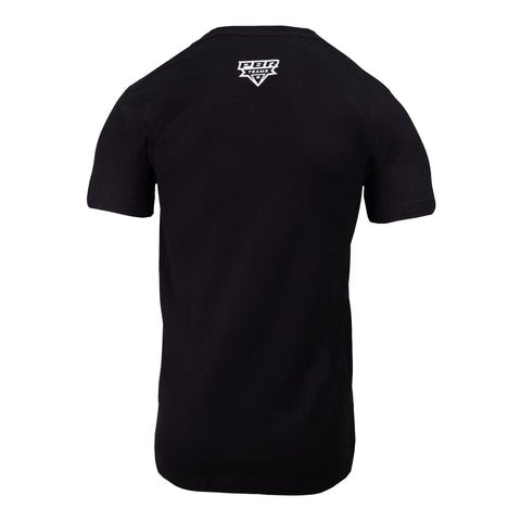 rear view of black tee with white "PBR TEAMS" logo on upper back