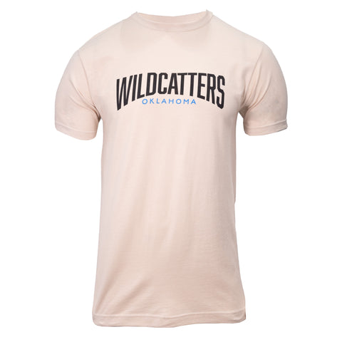 sand tee with white and blue arched text "WILDCATTERS OKLAHOMA"