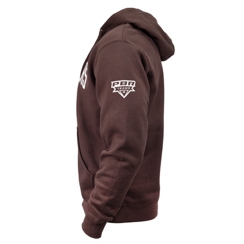 left side view of brown hoodie with white "PBR TEAMs" logo on sleeve