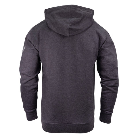 rear view of charcoal heather hoodie