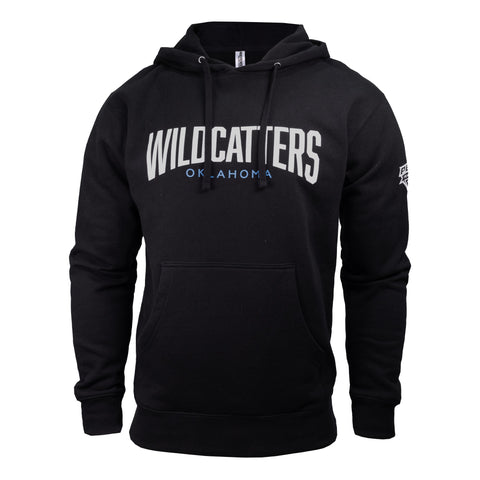 Black hoodie with white and blue text "WILDCATTERS OKLAHOMA"