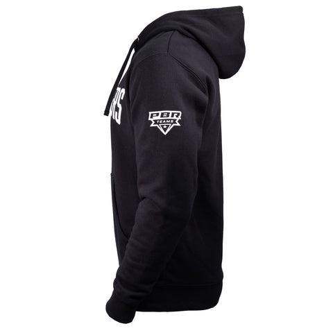left side view of black hoodie with white "PBR TEAMs" logo on sleeve