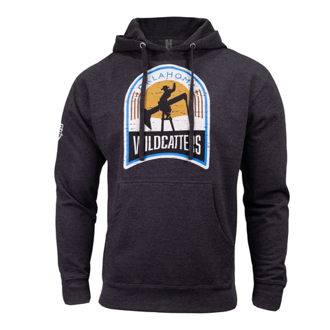 Charcoal Heather hoodie with graphic of man riding oil rig with text "OKLAHOMA WILDCATTERS"