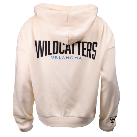 rear view of bone hoodie with black and blue text on back "WILDCATTERS OKLAHOMA"