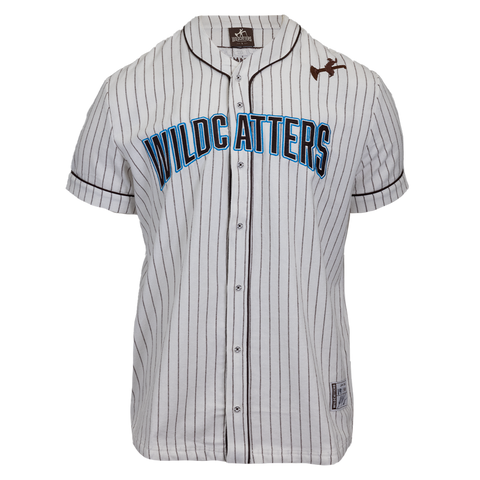 pinstripe baseball jersey with "WILDCATTERS TEXT" on chest and Wildcatters logo on left shoulder autographed by JB