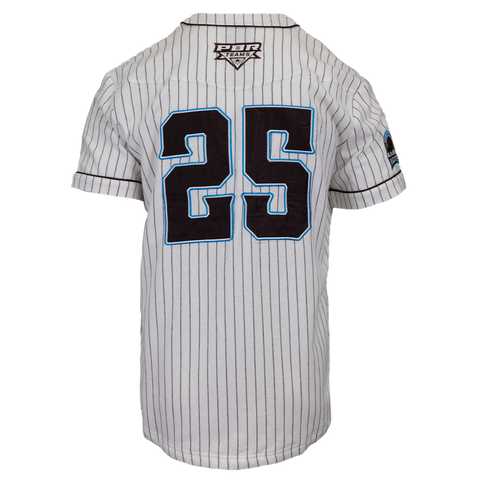 rear view of pinstripe baseball jersey with "25" on back and PBR TEAMS logo on upper back autographed by JB