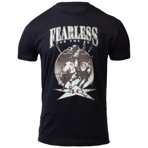 Black tee with graphic of bullrider with "FEARLESS for the 46" text