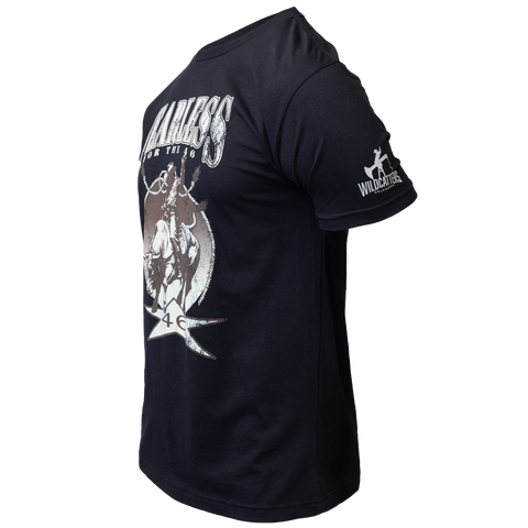 Black tee with graphic of bullrider with "FEARLESS FOR THE 46" text with wildcatters logo on left sleeve