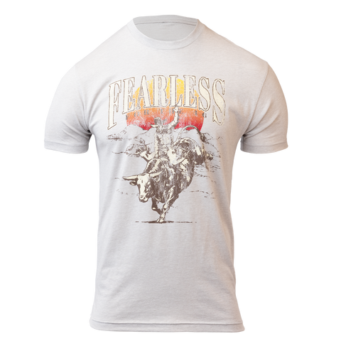 Sand tee with graphic of bullrider with "FEARLESS FOR THE 46" text