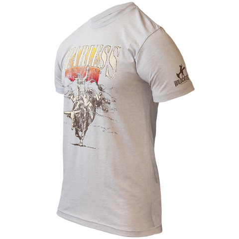 Sand tee with graphic of bullrider with "FEARLESS FOR THE 46" text with wildcatters logo on left sleeve