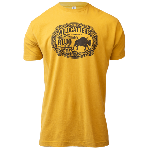 Gold tee with buckle design "WILDCATTERS OKLAHOMA RUJO"