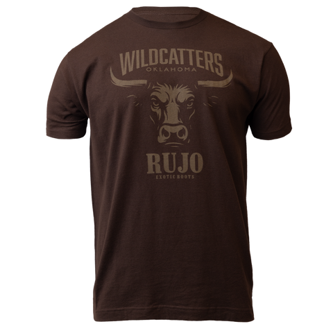 Brown tee with bull head graphic with text "WILDCATTERS OKLAHOMA RUJO"