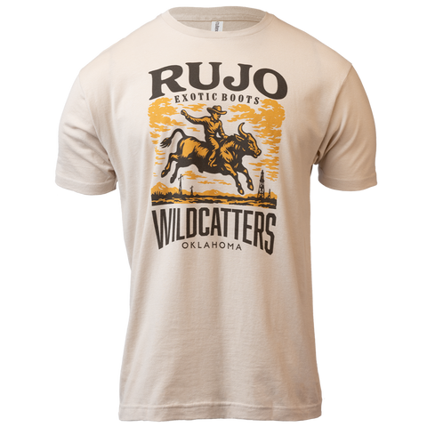 sand tee with bull rider graphic with text "RUJO EXOTIC BOOTS WILDCATTERS OKLAHOMA"