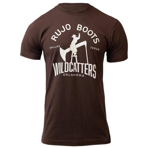 Brown tee with wildcatters logo with text "RUJO BOOTS WILDCATTERS OKLAHOMA DALLAS TEXAS"
