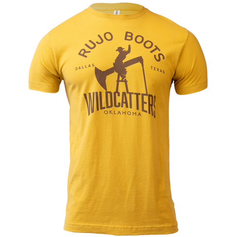 Gold tee with wildcatters logo graphic with text "RUJO BOOTS DALLAS TEXAS WILDCATTERS OKLAHOMA"